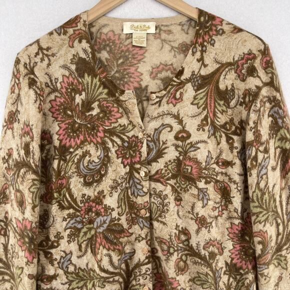 PECK & PECK Sweater XL Pure Cashmere Button Up Cardigan Floral Paisley Beige VTG - Picture 4 of 12